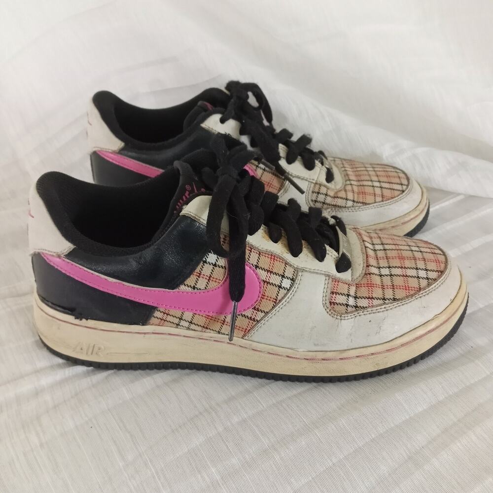 Nike Air Force 1 Pink Plaid Sneakers Swoosh Black White Leather Women Youth SZ 7